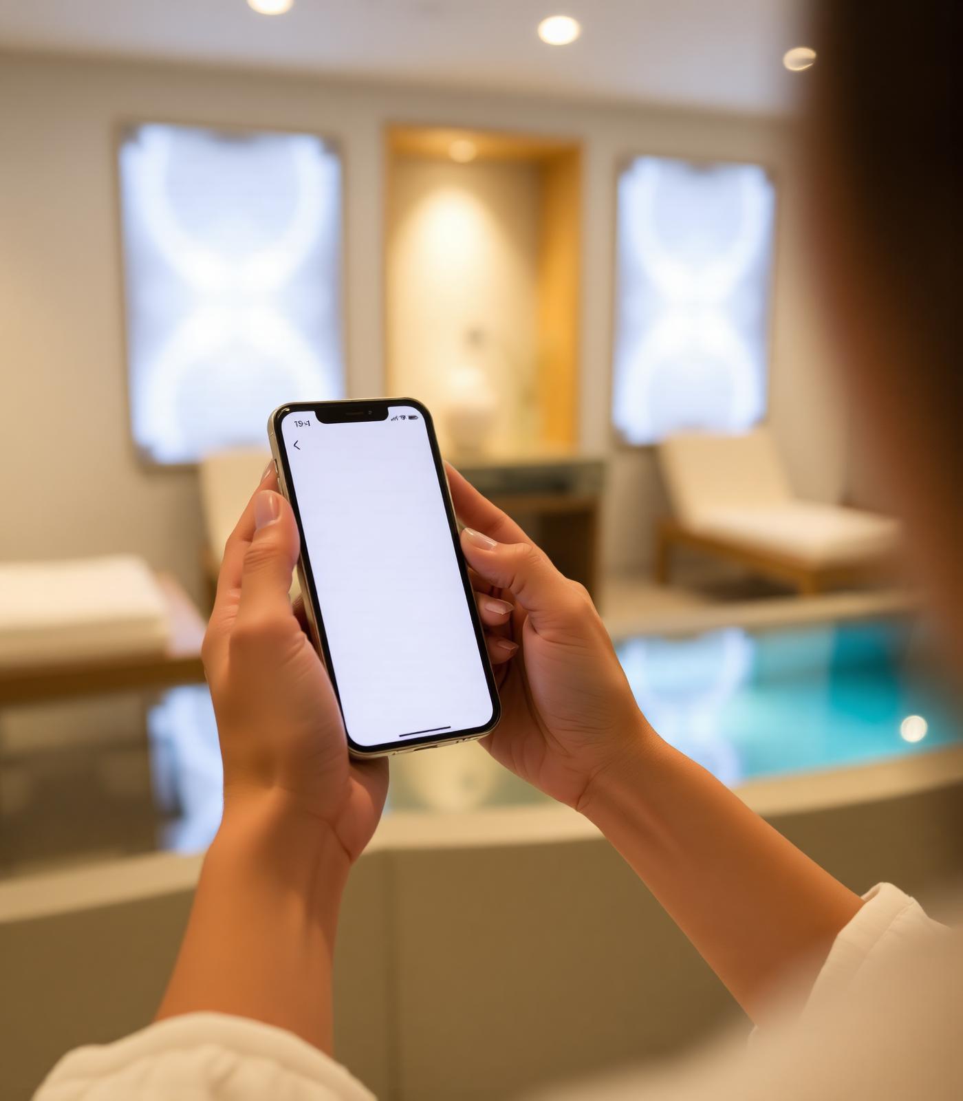 A client holding a phone with a beauty app